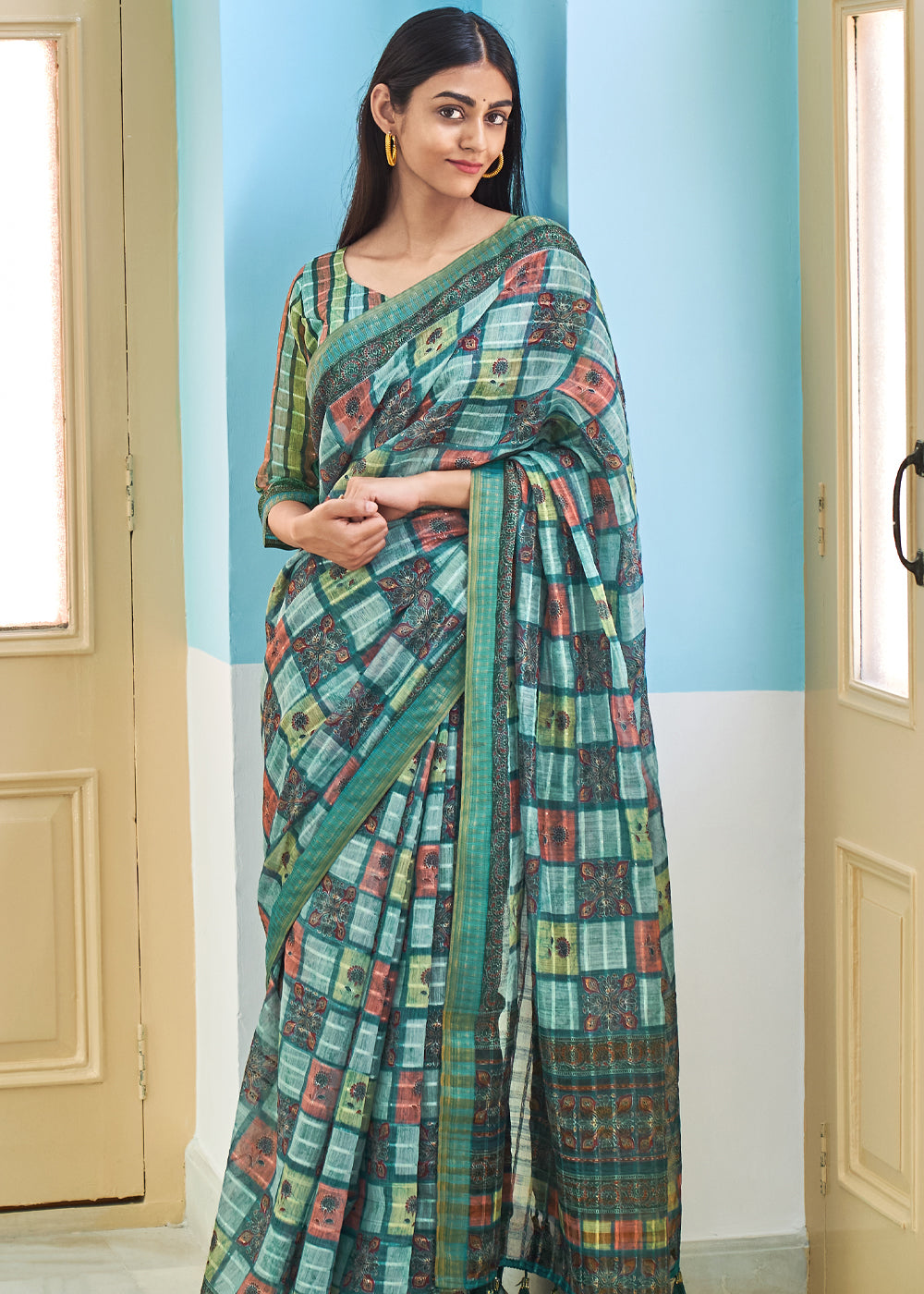 Buy MySilkLove Oracle Blue Printed Linen Saree Online