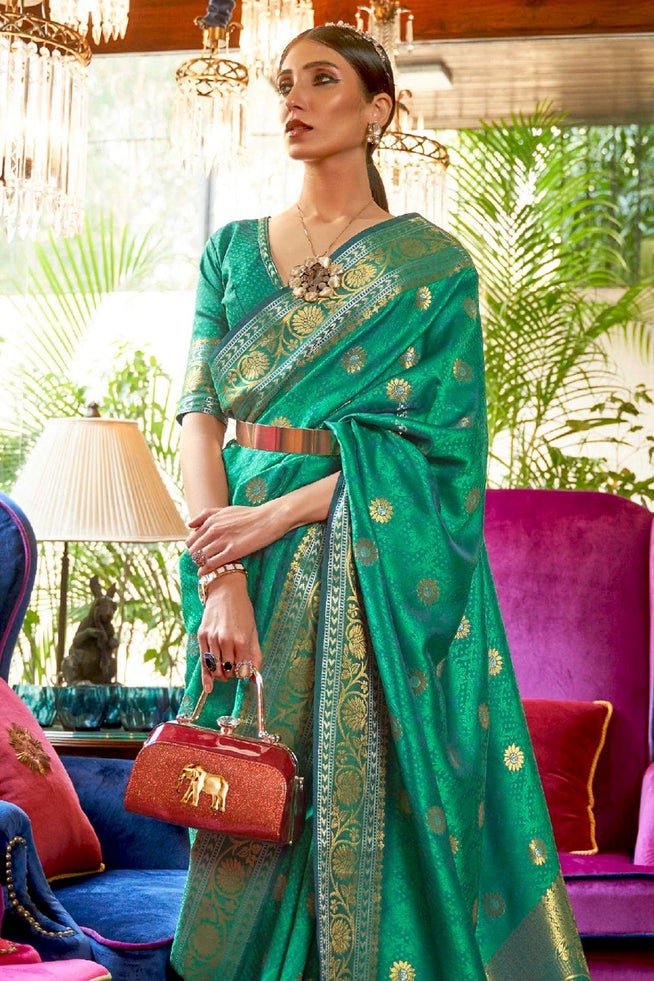 MySilkLove Ocean Green Pearl Zari Woven Kanjivaram Saree