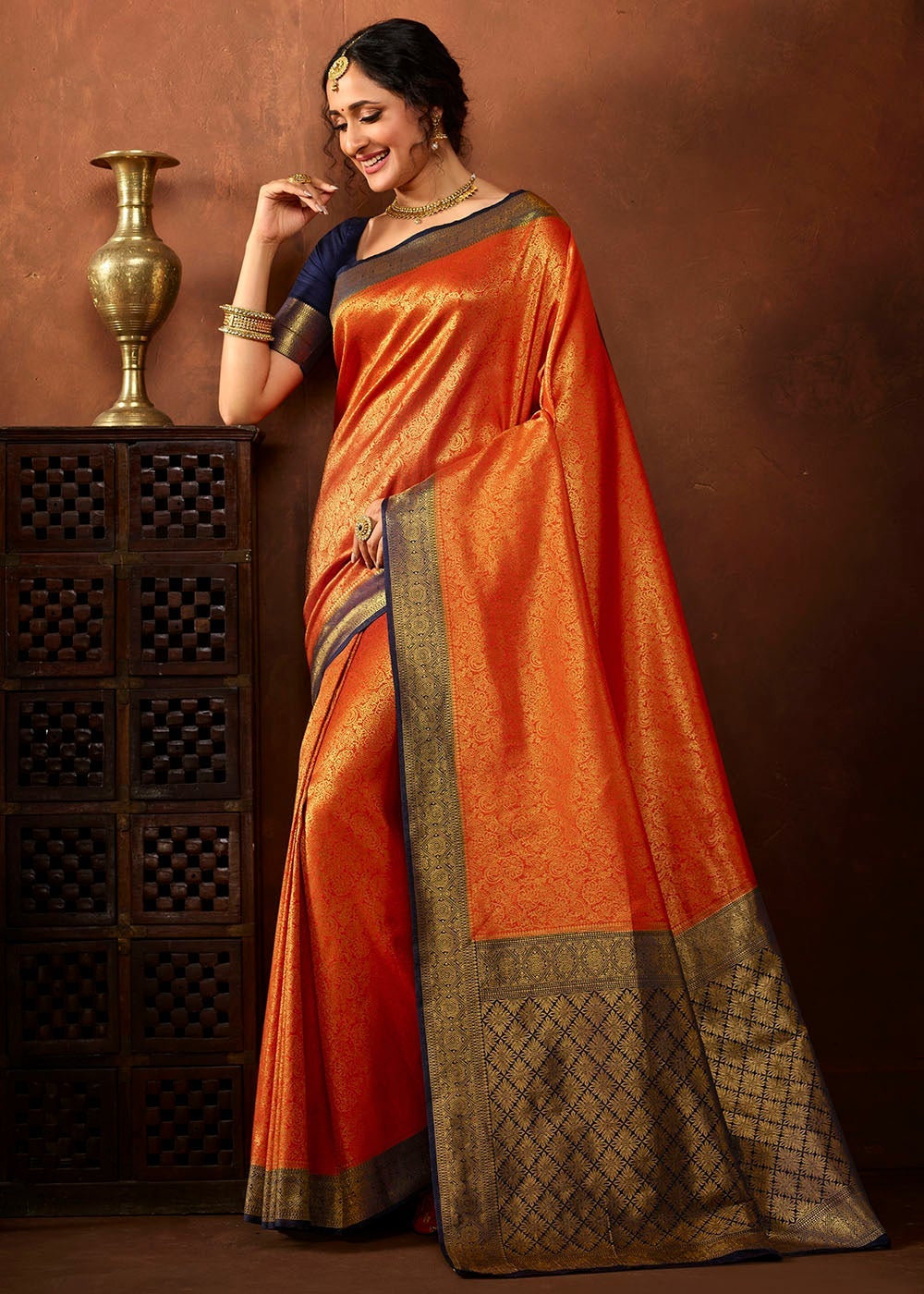 Buy MySilkLove Pea Orange and Blue Zari Woven Kanjivaram Saree Online