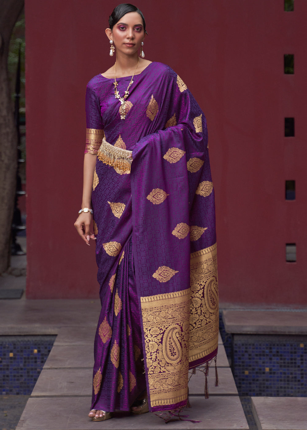 Buy MySilkLove Finn Purple Banarasi Woven Satin Silk Saree Online
