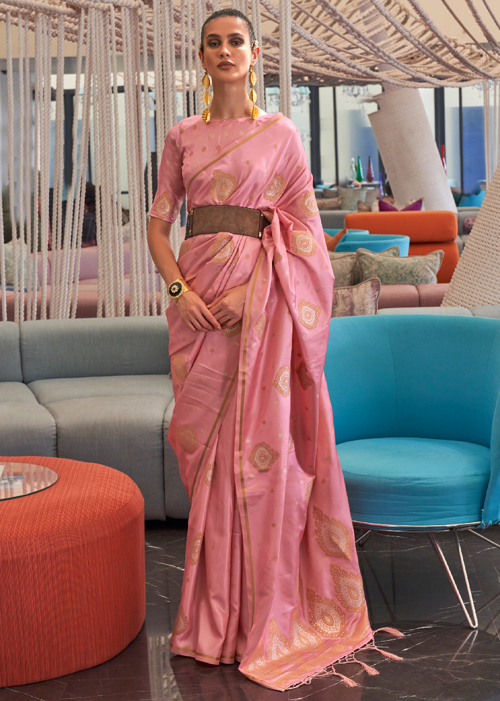Buy MySilkLove Wewak Pink Bronze Zari Woven Satin Silk Saree Online