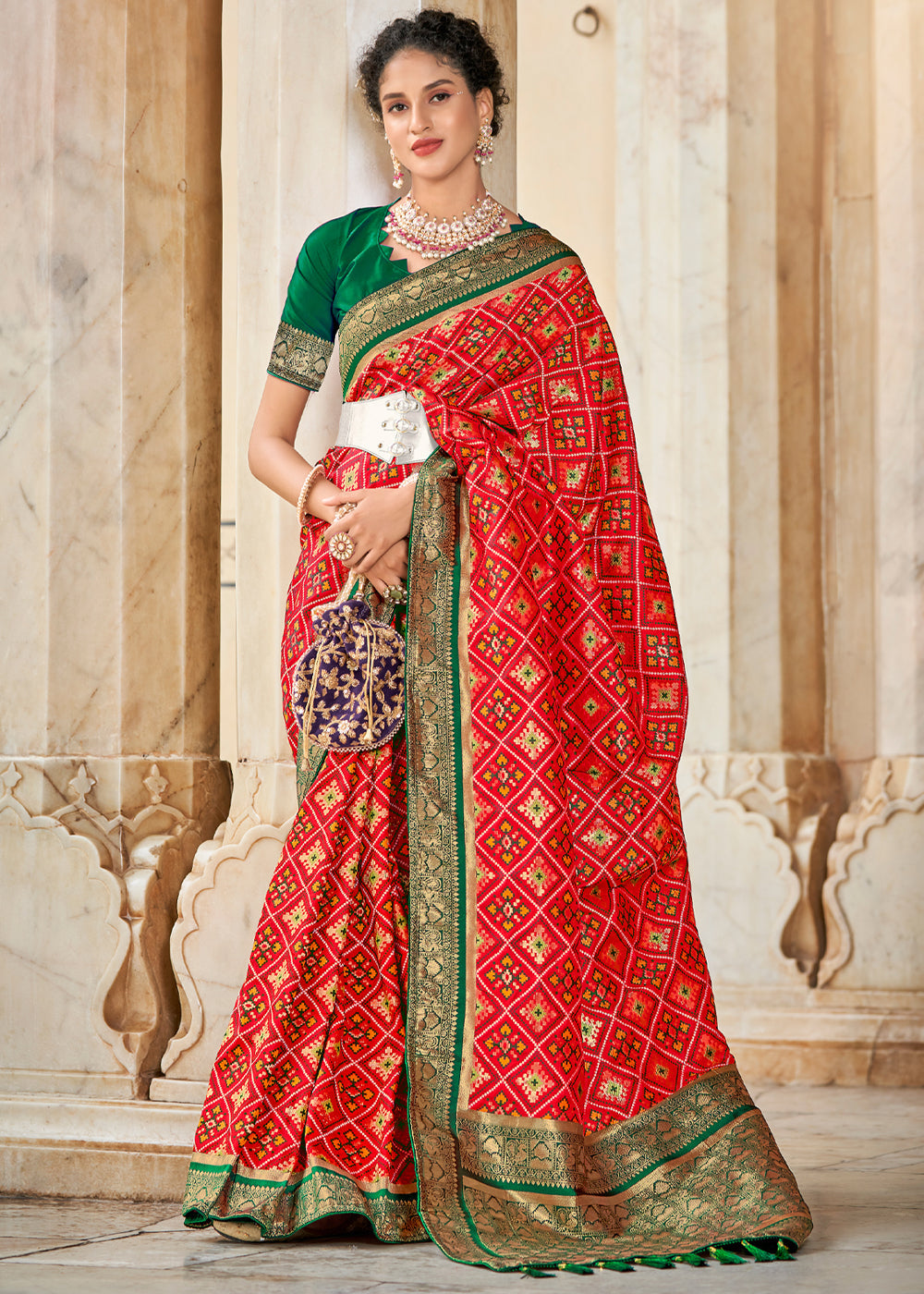 Buy MySilkLove Valencia Red and Green Zari Woven Patola Saree Online