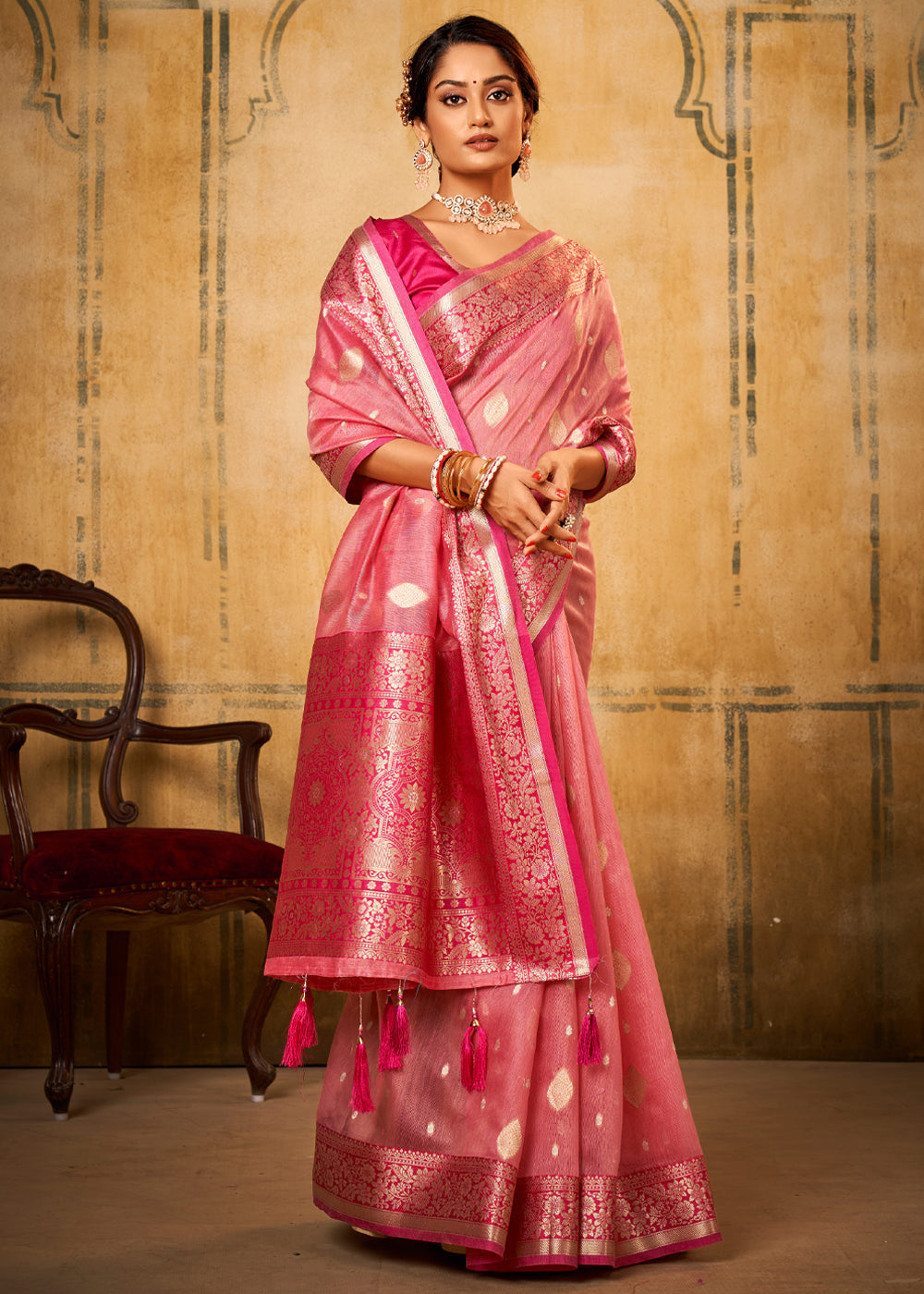 Buy MySilkLove Brink Pink Woven Banarasi Silk Saree Online