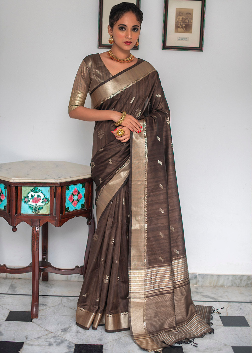 Buy MySilkLove Rock Brown Zari Woven Tussar Silk Saree Online