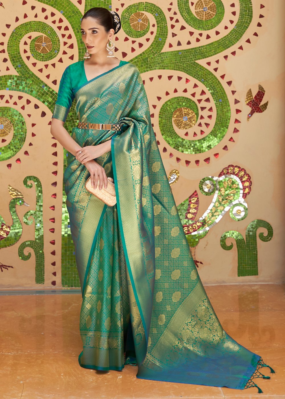 Buy MySilkLove Viridian Green Zari Woven Kanjivaram Saree Online