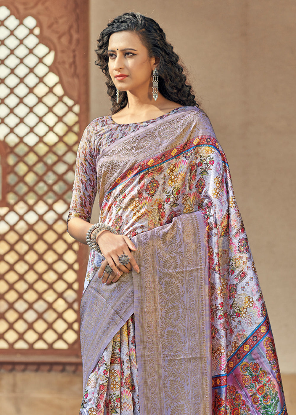 Buy MySilkLove Lilac Luster Purple Digital Printed Jacquard Silk Saree Online