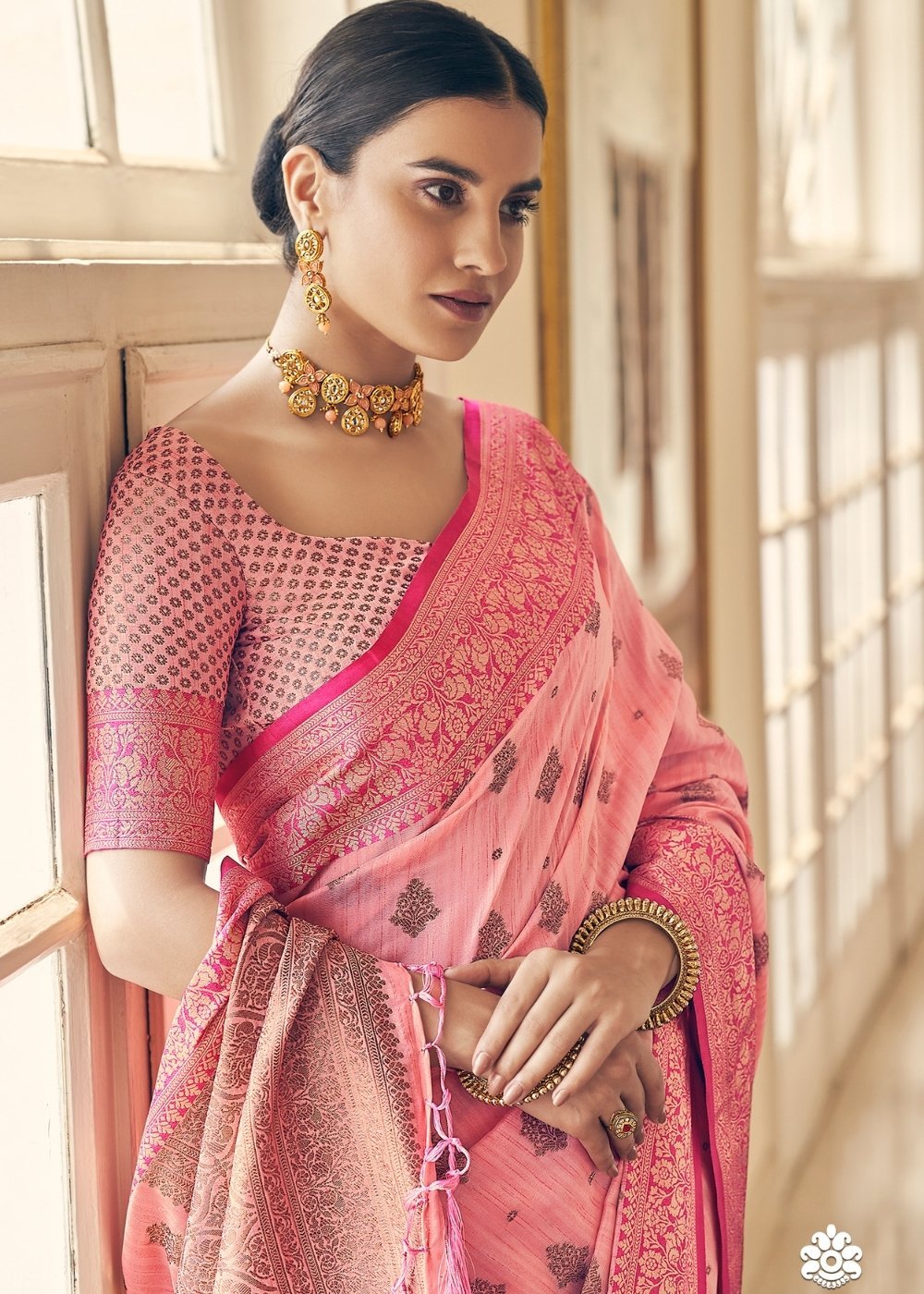 Buy MySilkLove Apricot Pink Tussar Banarasi Silk Saree Online