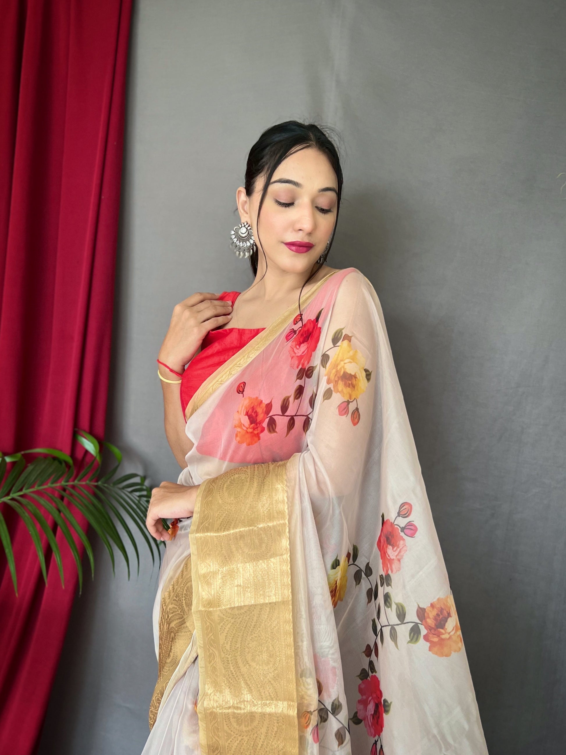 MySilkLove Bone White Organza Digital Floral Printed Saree