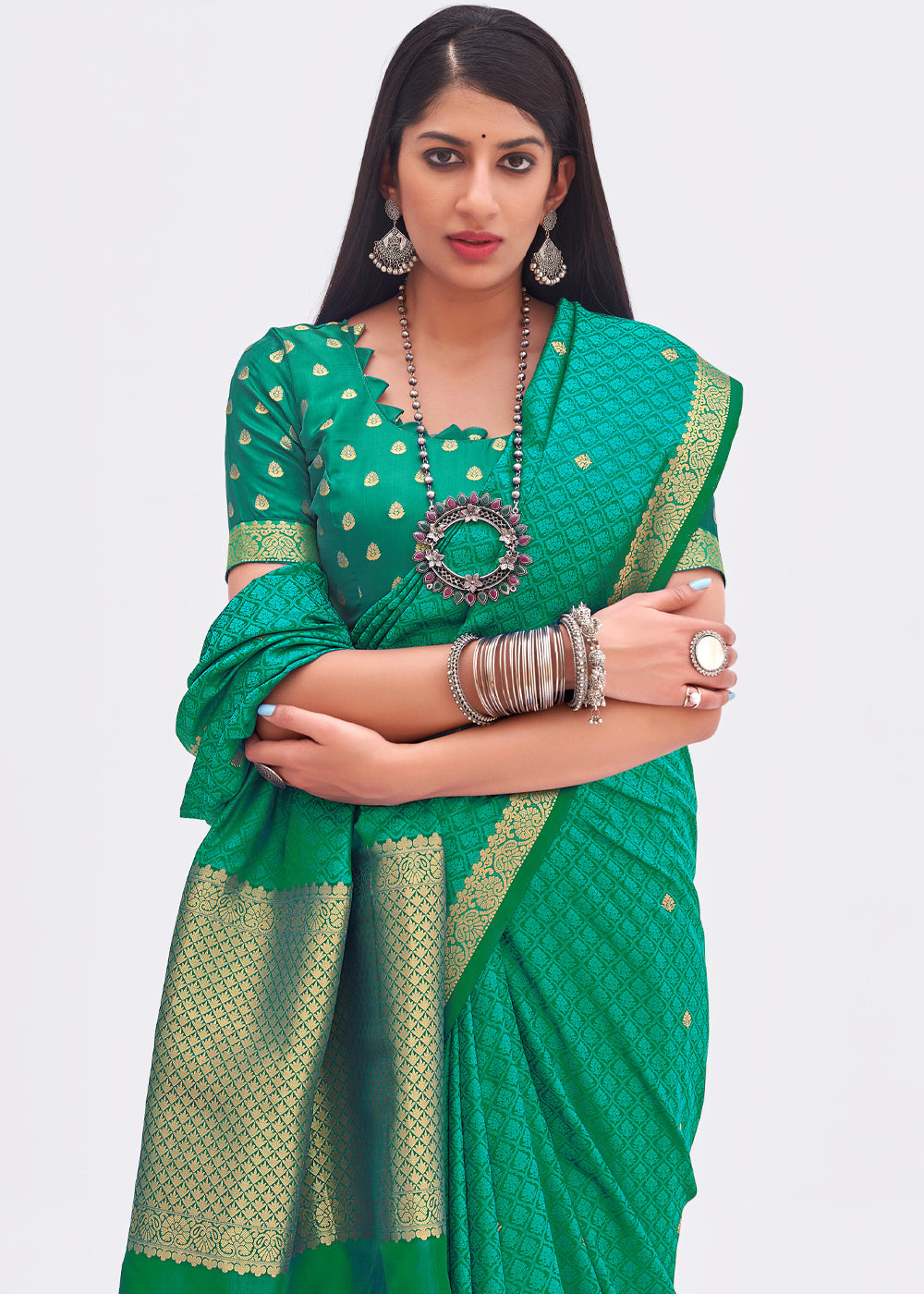 MySilkLove Fountain Green Zari Woven Banarasi Saree