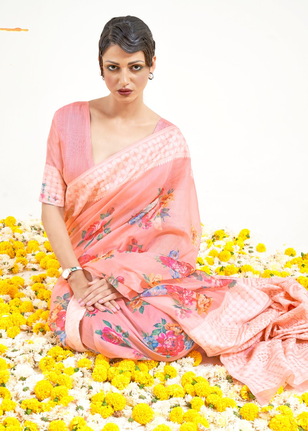 MySilkLove My Pink Zari Woven Digital Printed Linen Saree