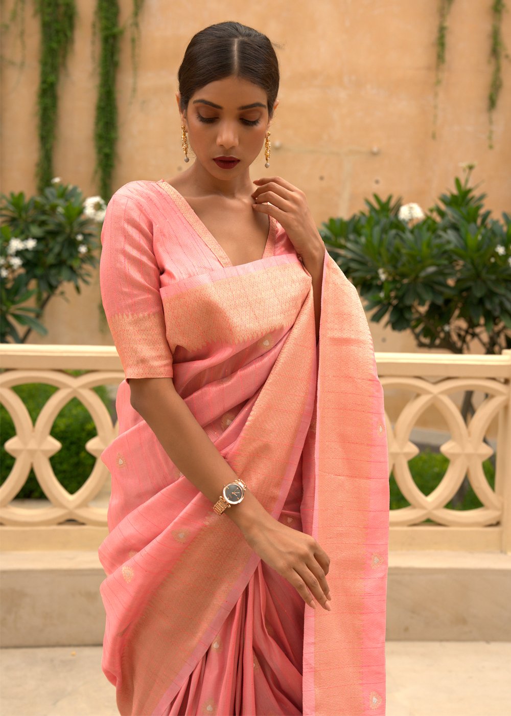 Buy MySilkLove Japonica Pink Zari Woven Tussar Silk Saree Online