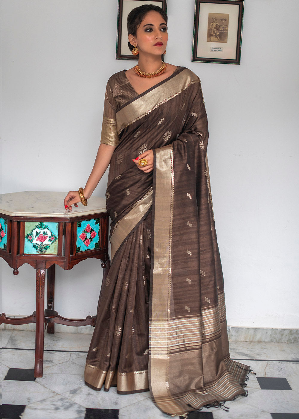 Buy MySilkLove Rock Brown Zari Woven Tussar Silk Saree Online