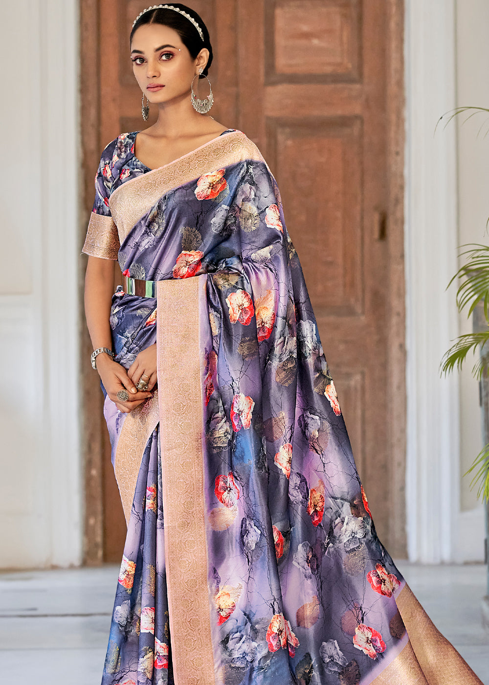 Buy MySilkLove Lynch Blue Digital Printed Banarasi Saree Online