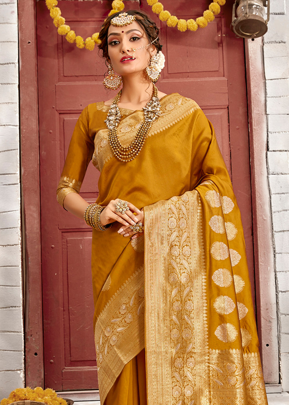 Buy MySilkLove Brandy Punch Yellow Zari Woven Banarasi Jamdani Silk Saree Online