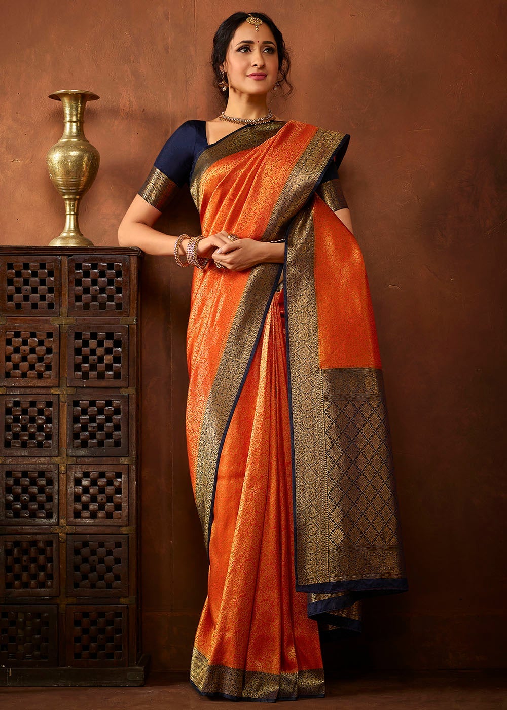 MySilkLove Pea Orange and Blue Zari Woven Kanjivaram Saree