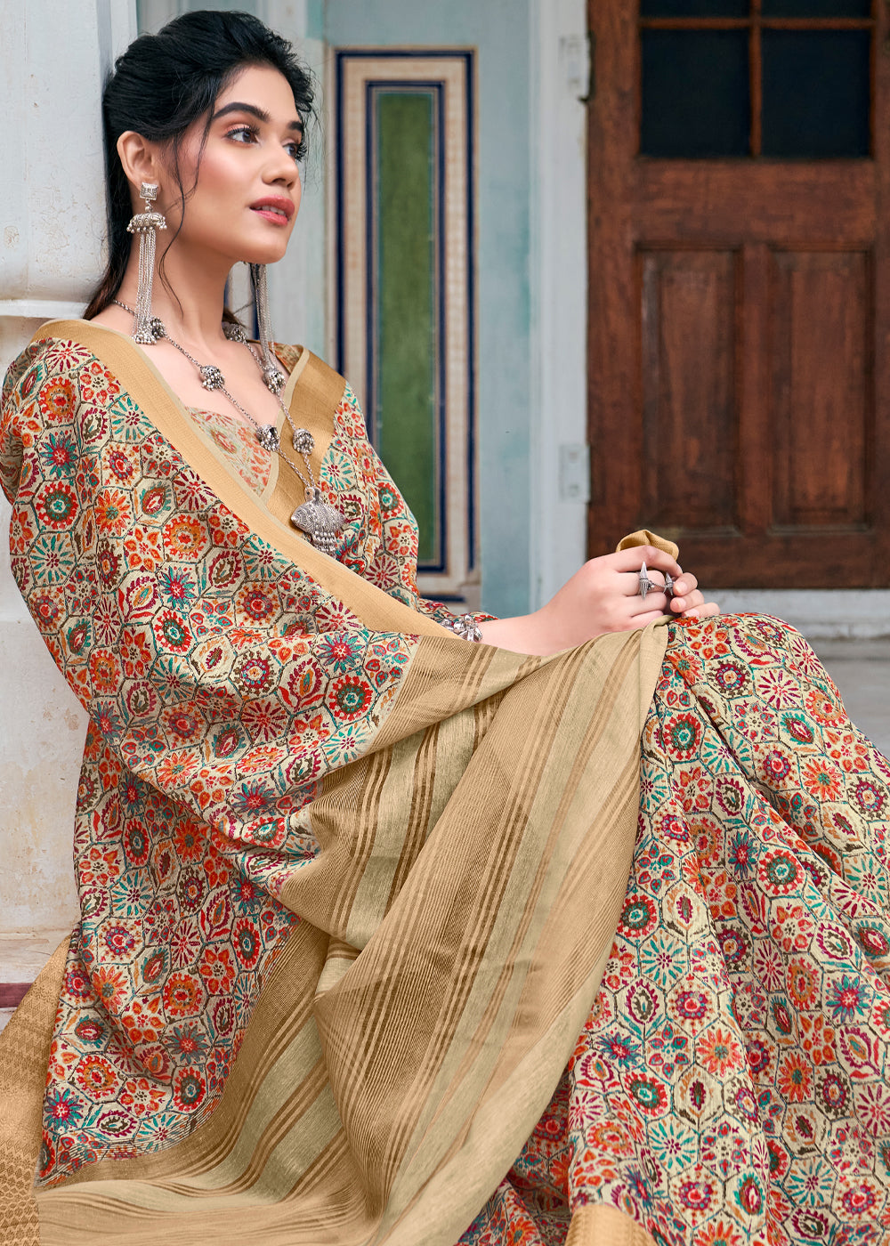 MySilkLove Harvest Gold Cream Banarasi Printed Saree