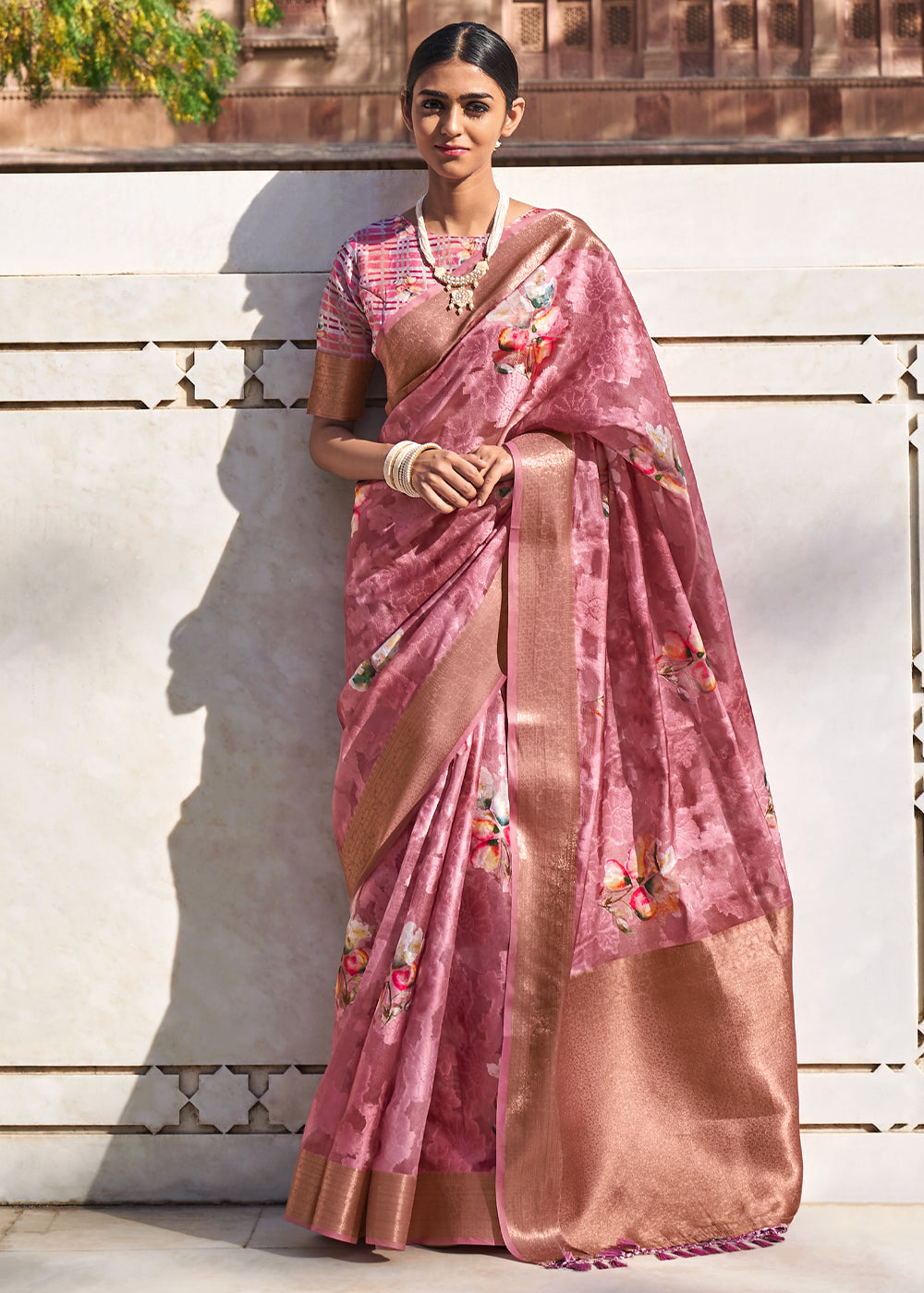 Buy MySilkLove Rust Pink Digital Printed Banarasi Cotton Saree Online