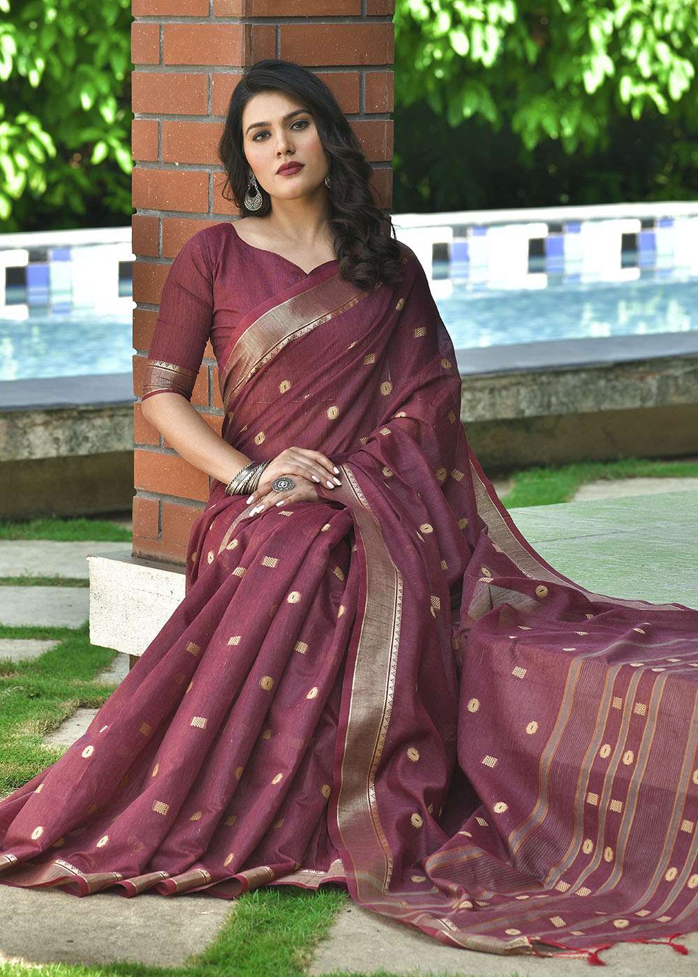 Buy MySilkLove Copper Rust Purple Zari Woven Cotton Saree Online