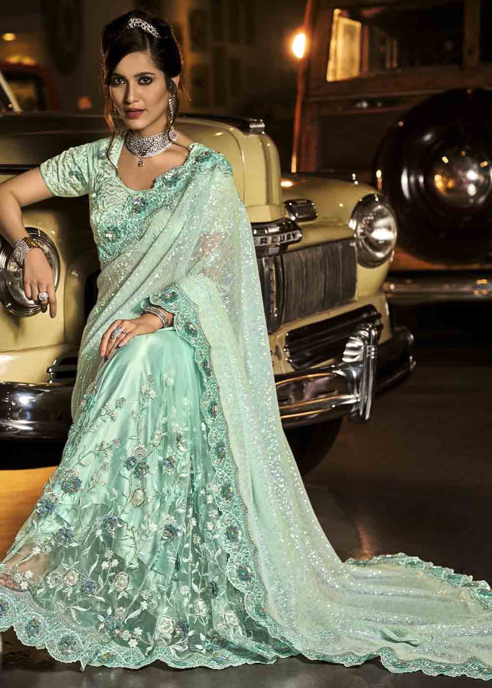 Buy MySilkLove Ash Blue Heavy Work Designer Net Saree Online