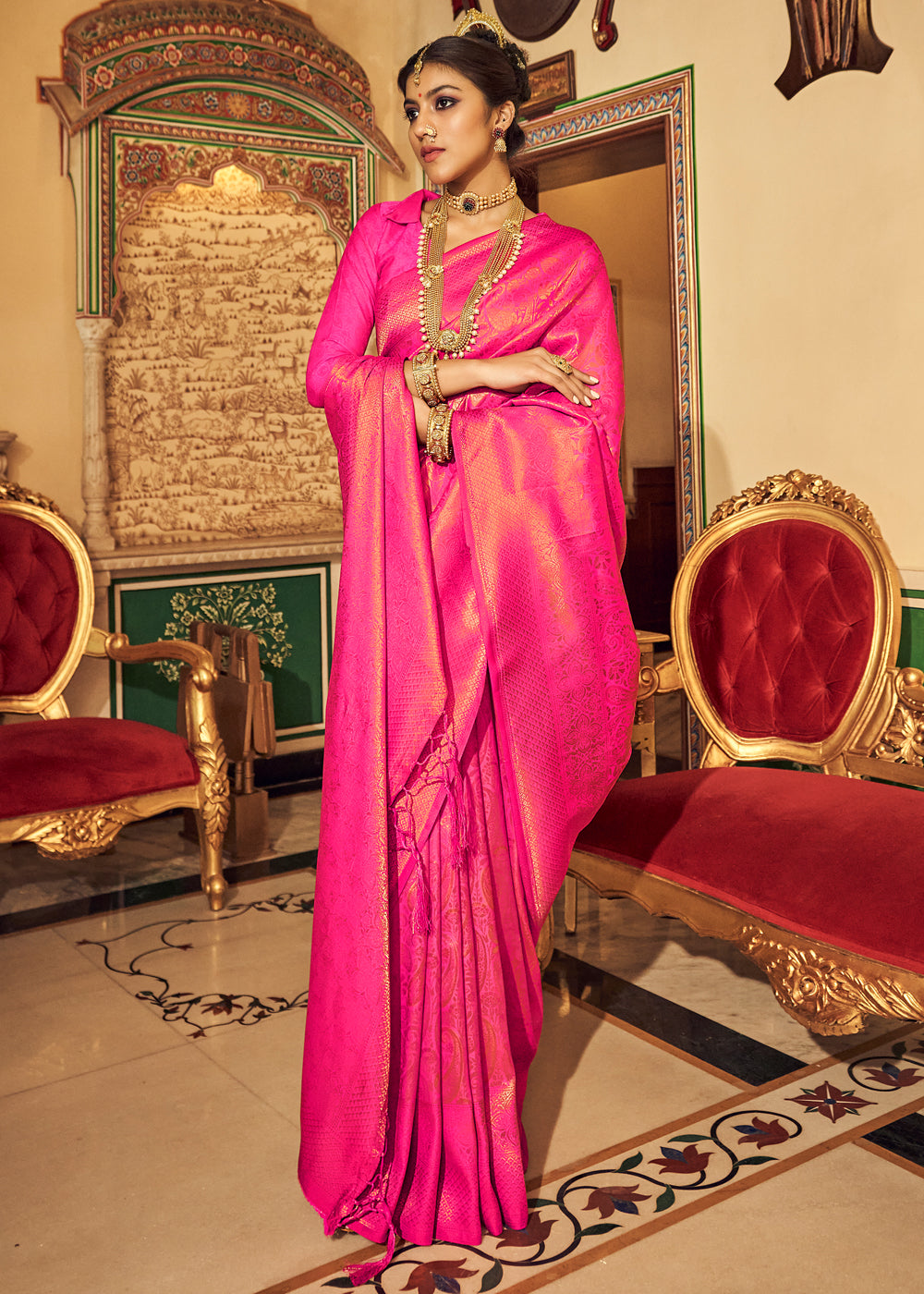 Buy MySilkLove Brink Pink Zari Woven Kanjivaram Silk Saree Online