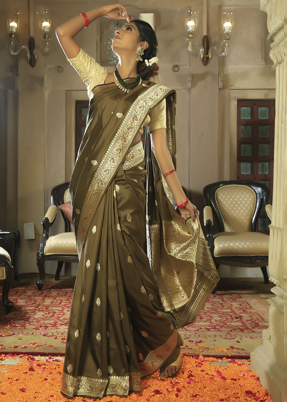 Buy MySilkLove Old Copper Brown Katan Pure Silk Handwoven Kadwa Booti Saree Online