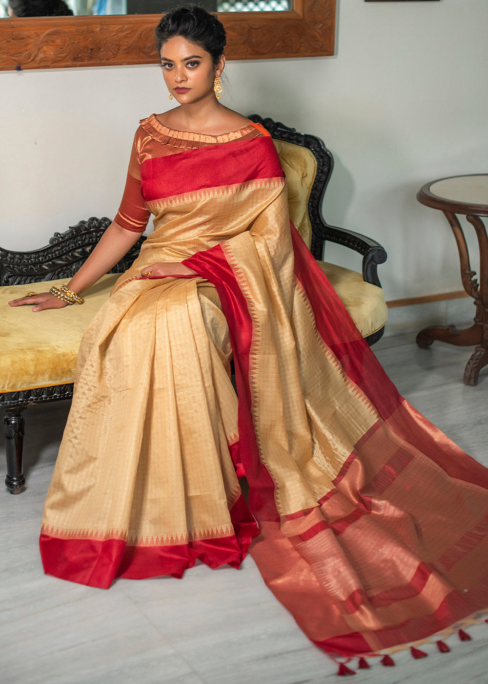 Buy MySilkLove Corvette Cream and Red Zari Woven South Silk Saree Online