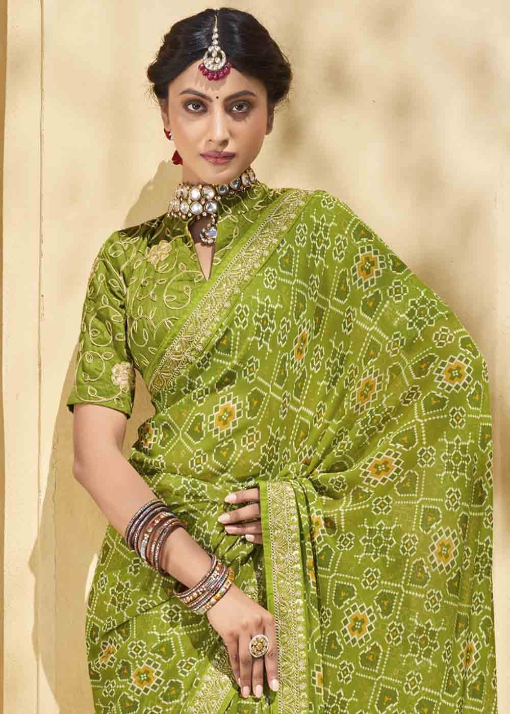 MySilkLove Celery Green Patola Print Georgette Saree With Embroidered Blouse