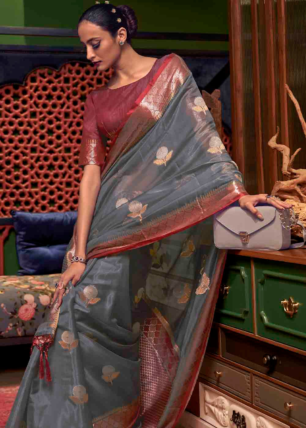 Buy MySilkLove Old Grey Zari Woven Two Tone Organza Saree Online