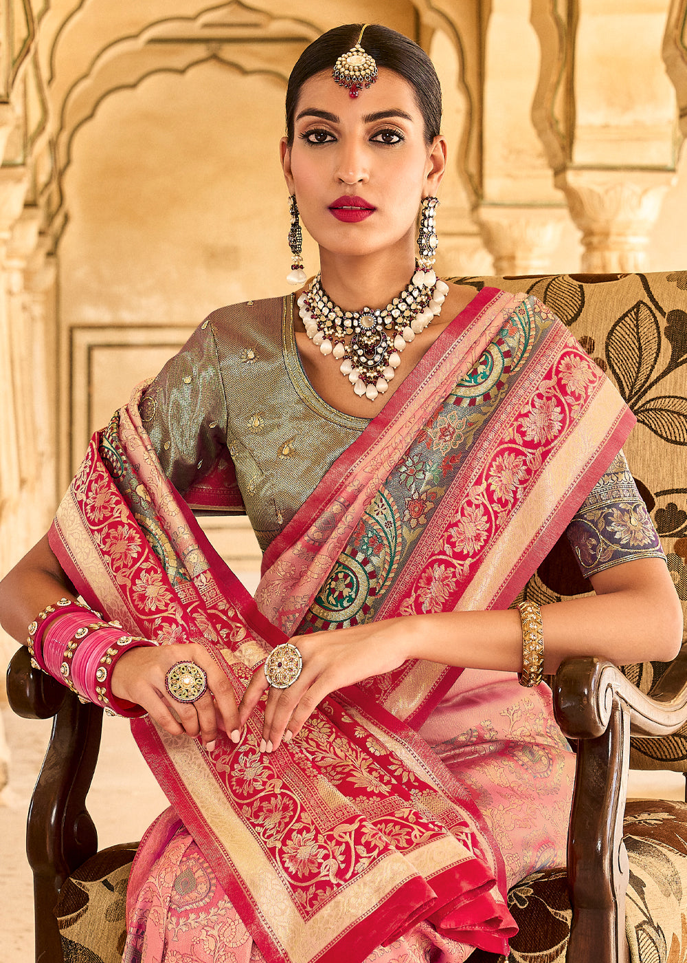 Buy MySilkLove Geraldine Light Pink Designer Banarasi Saree Online