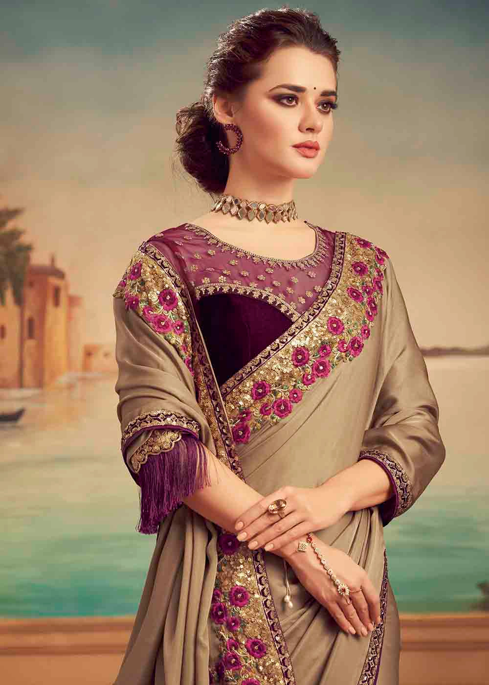 Buy MySilkLove Muesli Brown and Purple Embroidered Satin Silk Designer Saree Online