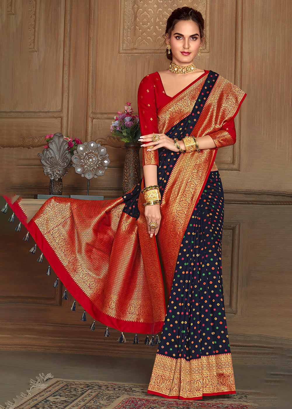 Buy MySilkLove Steel Blue and Red Zari Woven Banarasi Saree Online