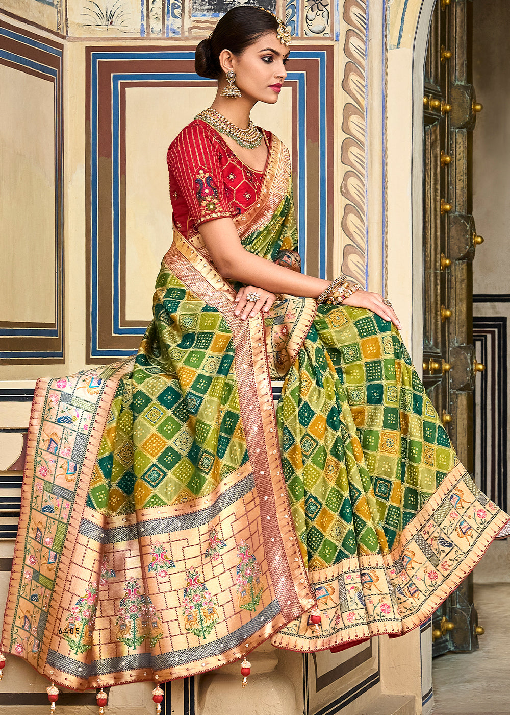 Buy MySilkLove Husk Green and Red Patola Printed Dola Silk Saree With Embroidered Blouse Online