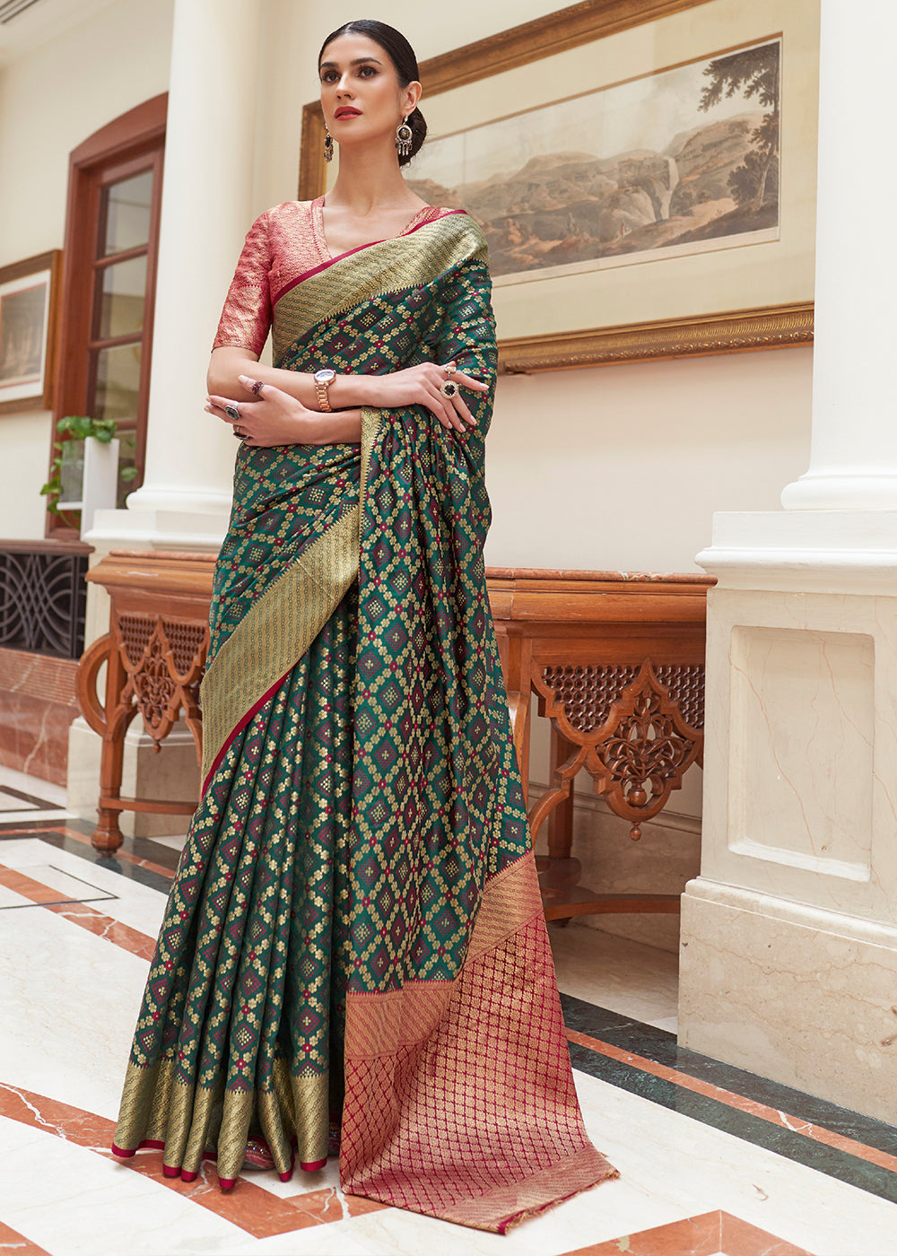 Buy MySilkLove Mineral Green and Red Woven Handloom Patola Saree Online