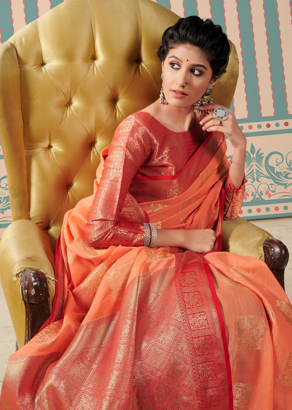 Buy MySilkLove Mandarin Orange Zari Woven Banarasi Brocade Linen Saree Online