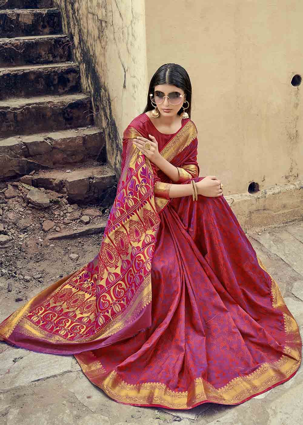 Buy MySilkLove Sweet Red and Purple Zari Woven Banarasi Silk Saree Online