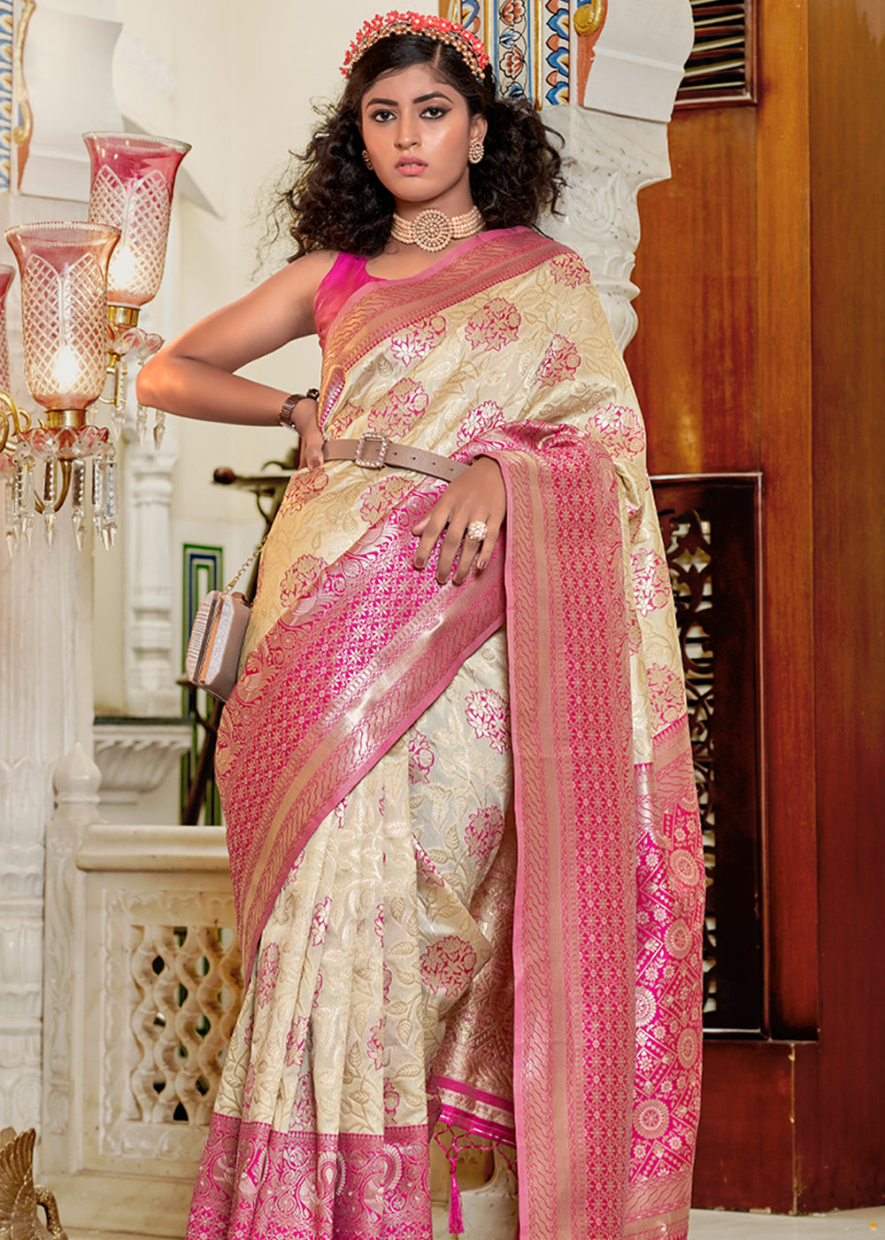 Buy MySilkLove Off White and Pink Woven Banarasi Silk Saree Online