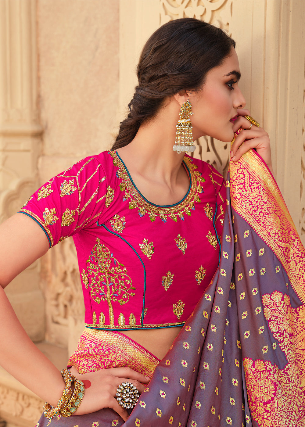 Buy MySilkLove Falcon Purple and Pink Zari Woven Banarasi Saree with Designer Blouse Online