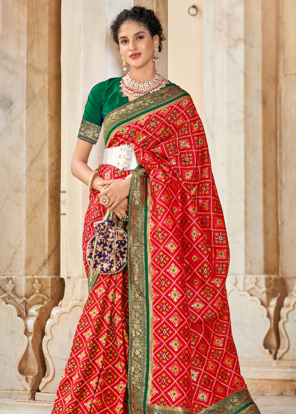 MySilkLove Valencia Red and Green Zari Woven Patola Saree