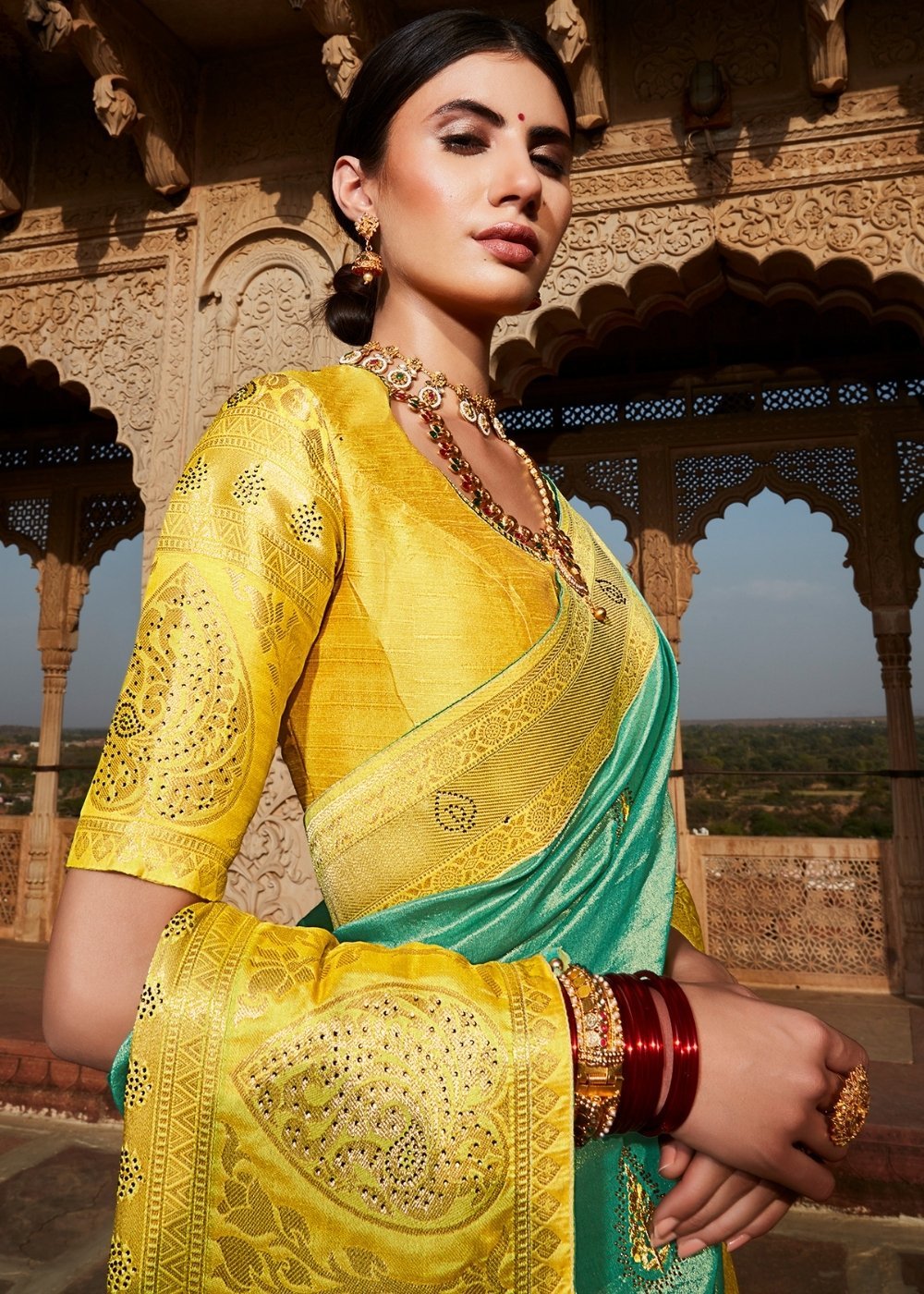 Buy MySilkLove Bay Leaf Blue and Yellow  Zari Woven Banarasi Silk Saree Online