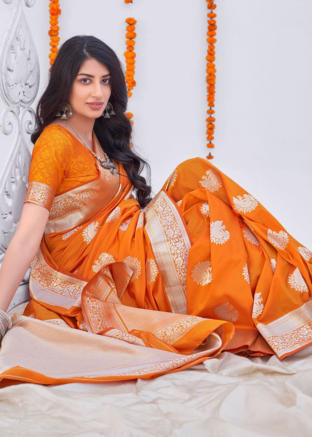 MySilkLove Mango Orange Zari Woven Banarasi Silk Saree