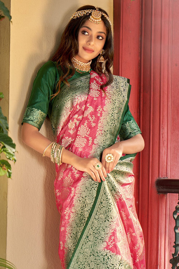 Buy MySilkLove Froly Pink and Green Organza Saree Online