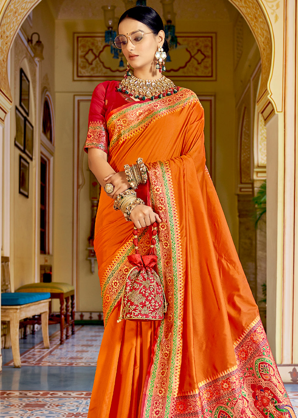 MySilkLove Crusta Orange Zari Woven Banarasi Soft Silk Saree