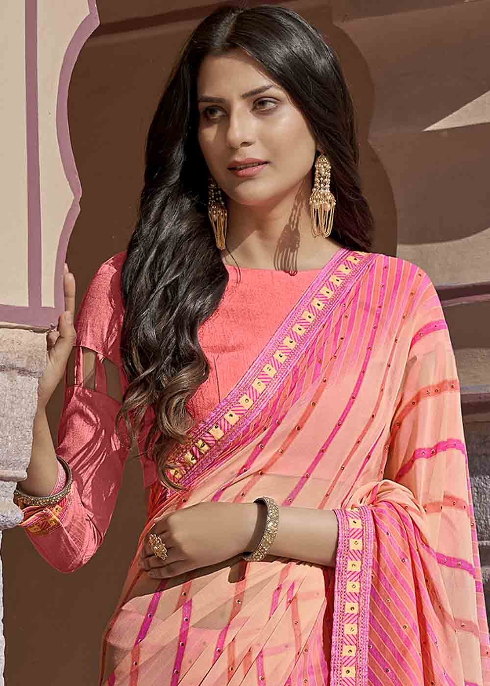 Buy MySilkLove Rose Bud Pink Printed Georgette Saree Online