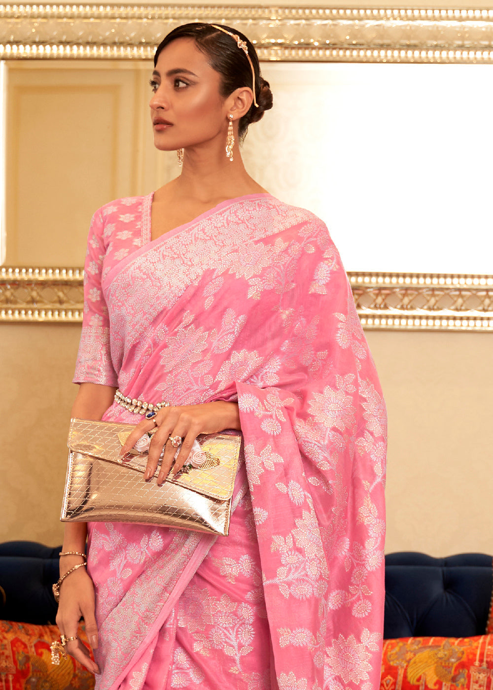 Buy MySilkLove Pink Salmon Woven Chikankari Saree Online