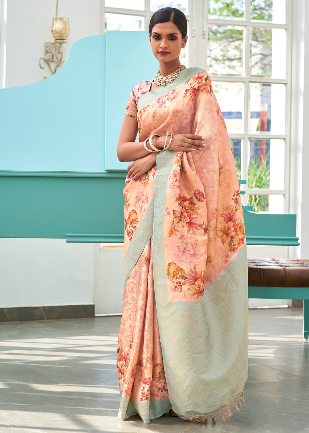 Buy MySilkLove Karry Peach Banarasi Jacquard Printed Saree Online