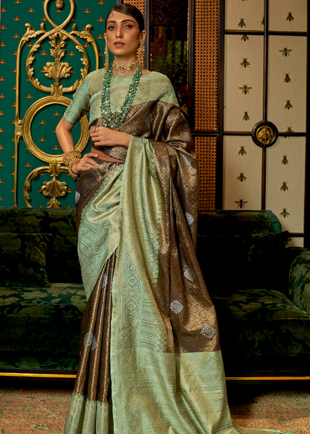 Buy MySilkLove Clinker Brown and Green Zari Woven Banarasi Tussar Saree Online