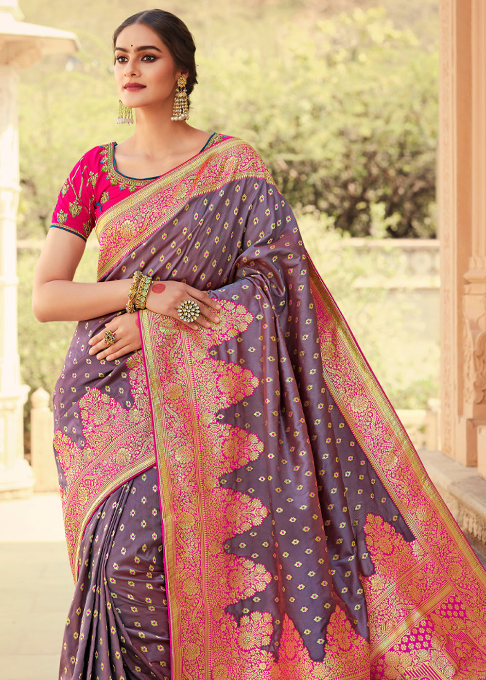 Buy MySilkLove Falcon Purple and Pink Zari Woven Banarasi Saree with Designer Blouse Online