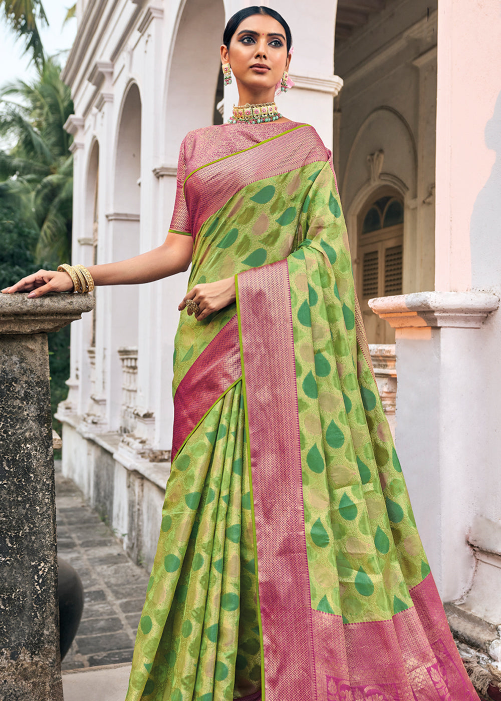 Buy MySilkLove Celery Green and Pink Woven Organza Banarasi Silk Saree Online