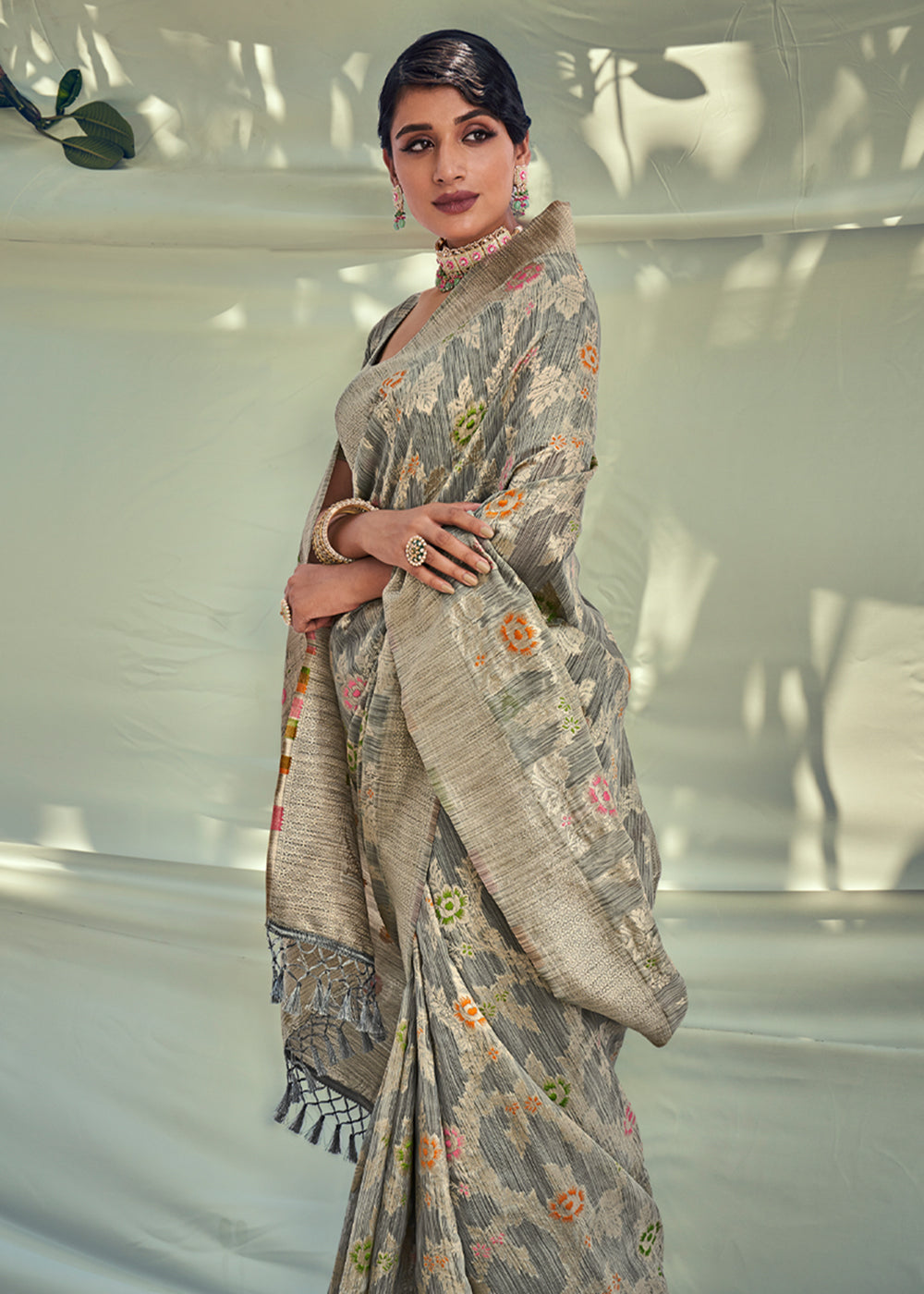 Buy MySilkLove Grey Olive Zari Woven Banarasi Linen Saree Online