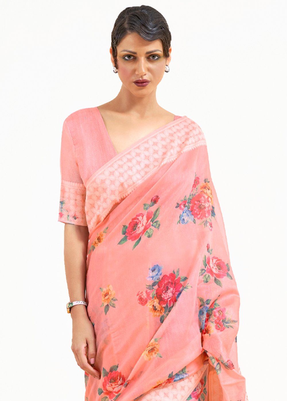 Buy MySilkLove My Pink Zari Woven Digital Printed Linen Saree Online